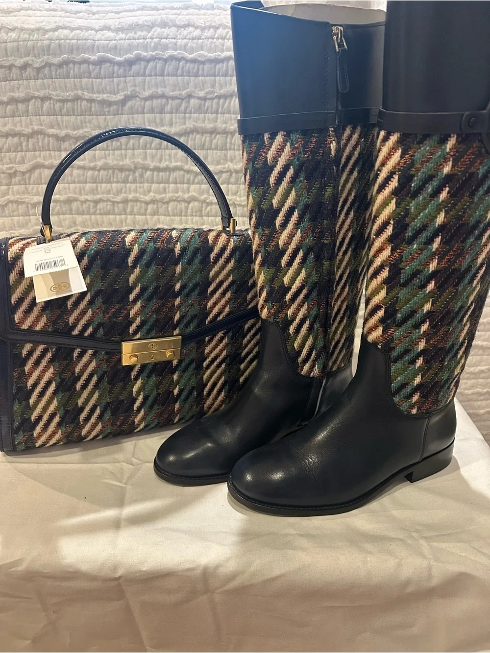 Tory Burch Miller Riding Boot & Purse Navy/Green Dogtooth Tweed Size 7 (SET)